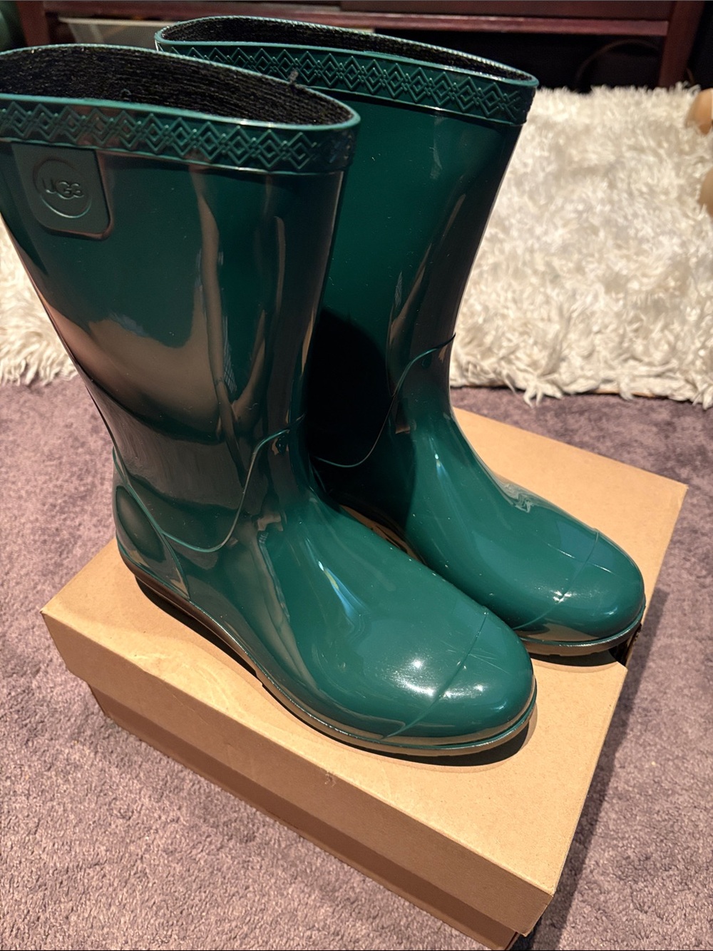 UGG Women's Deep Teal Glossy Waterproof Rain Boots